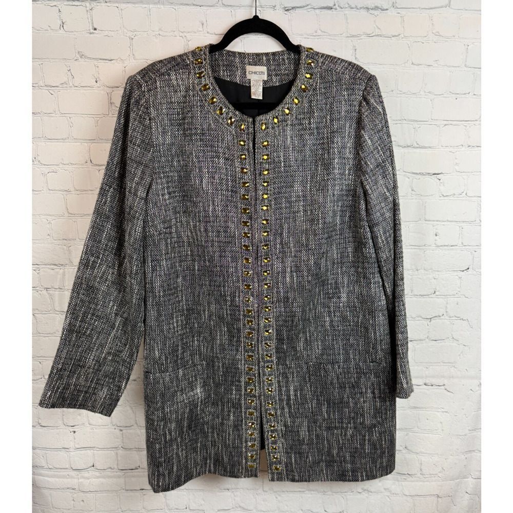 CHICO'S black white silver yellow crystal chain long jacket blazer coat 3 (XL)